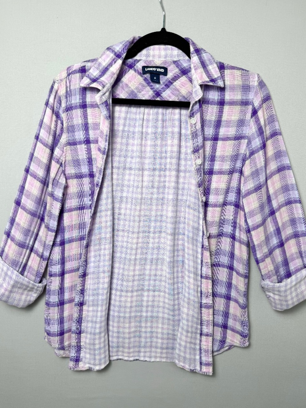 Lands End Cotton Flannel Light Purple Plaid Gauze Button Down Shirt, Sz 6